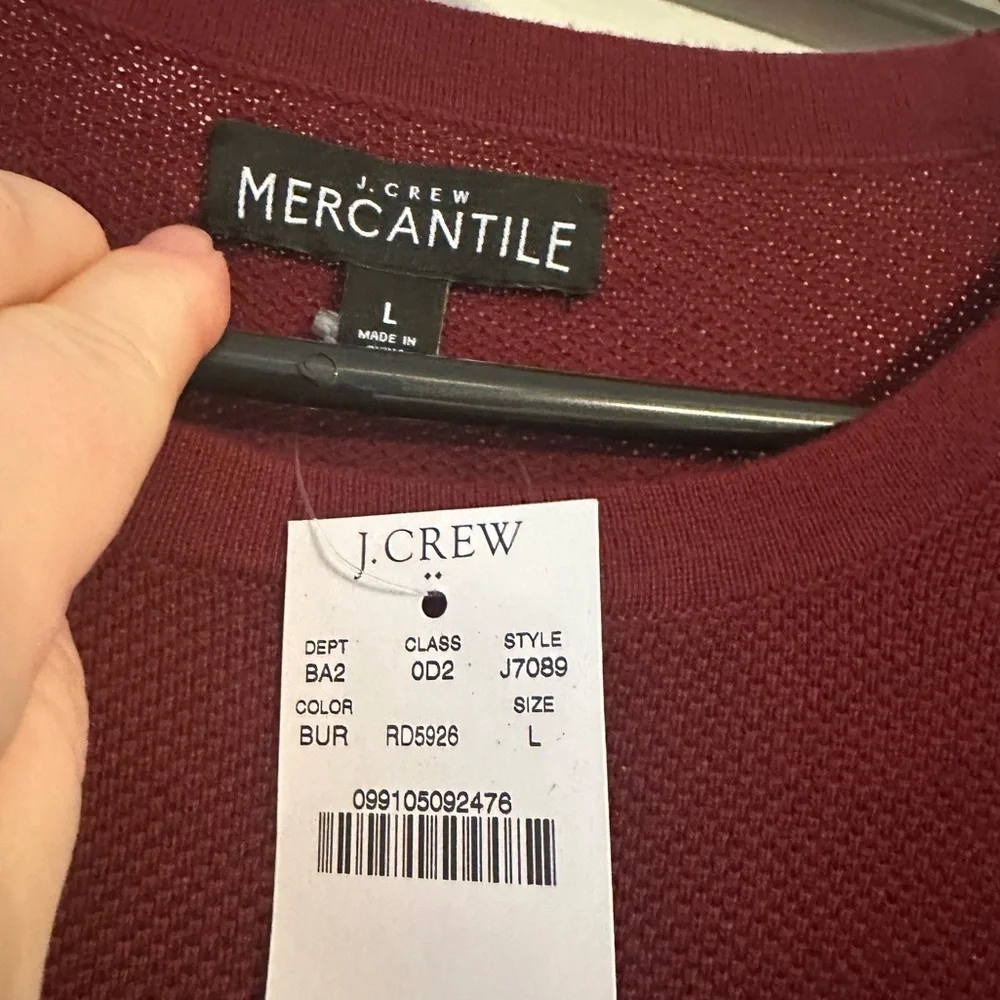 NEW J Crew Cotton piqué-stitch Crewneck Sweater Mens L Burgundy Preppy Lightwght